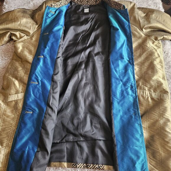 Koos 100% Silk Jacket Size 3X Gold Turquoise 3/4 Sleeve 80s 90s Funky Art Granny - Picture 12 of 15